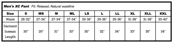 Sporthill XC Pant Mens Size Chart