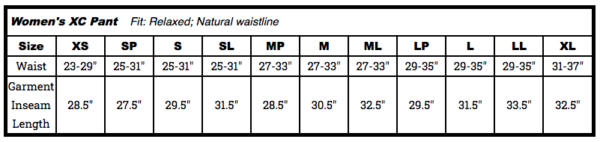 Sporthill XC Pant Womens Size Chart